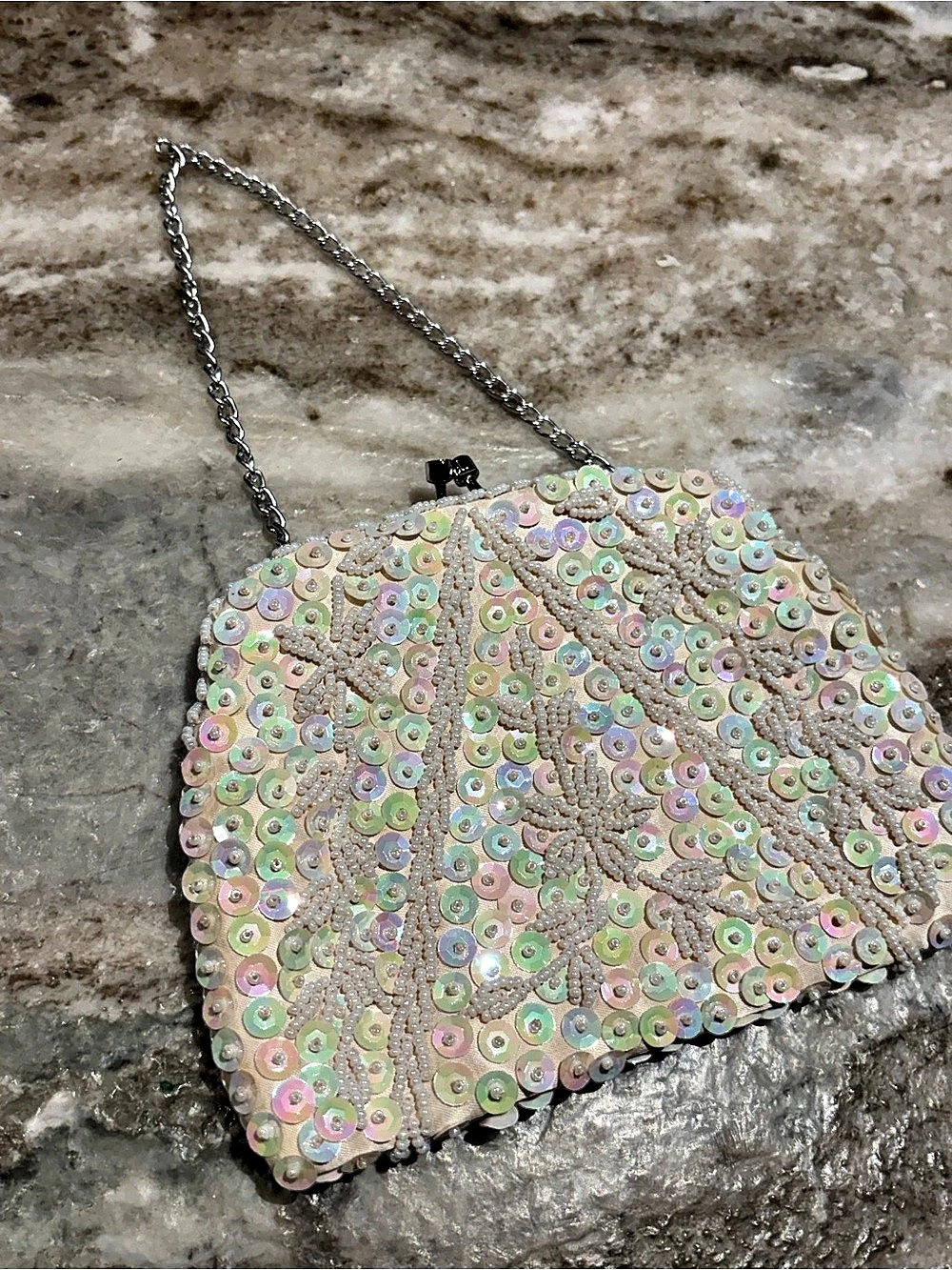 Beaded Sequin Clutch in Cream & Pink Like New